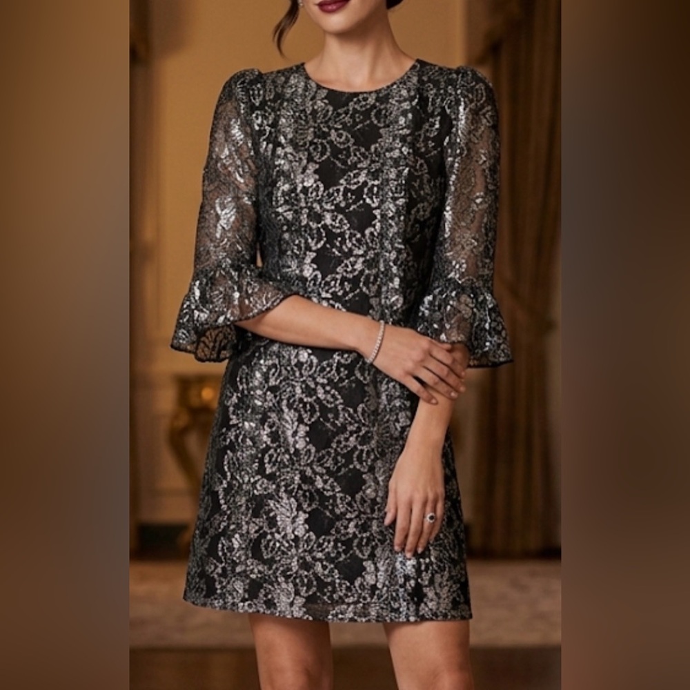 The Vampires Wife x H&M Black Silver Lace Ruffle Sleeve Mini Dress